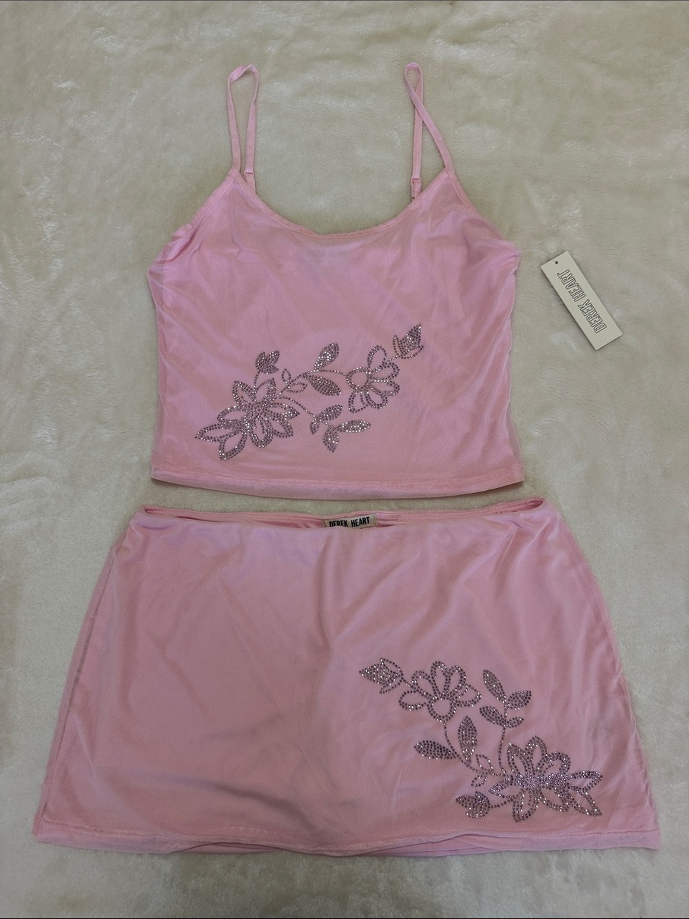 Derek Heart Pink Floral Rhinestone Two-Piece Set Large